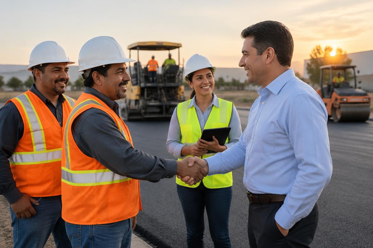 Cuadrilla de pavimentación y cliente estrechando la mano en obra recién pavimentada
